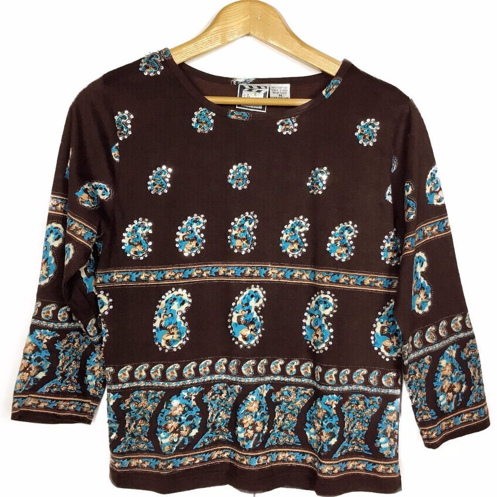 Take Two Brown 3/4-Sleeve Top with Sequin Detail